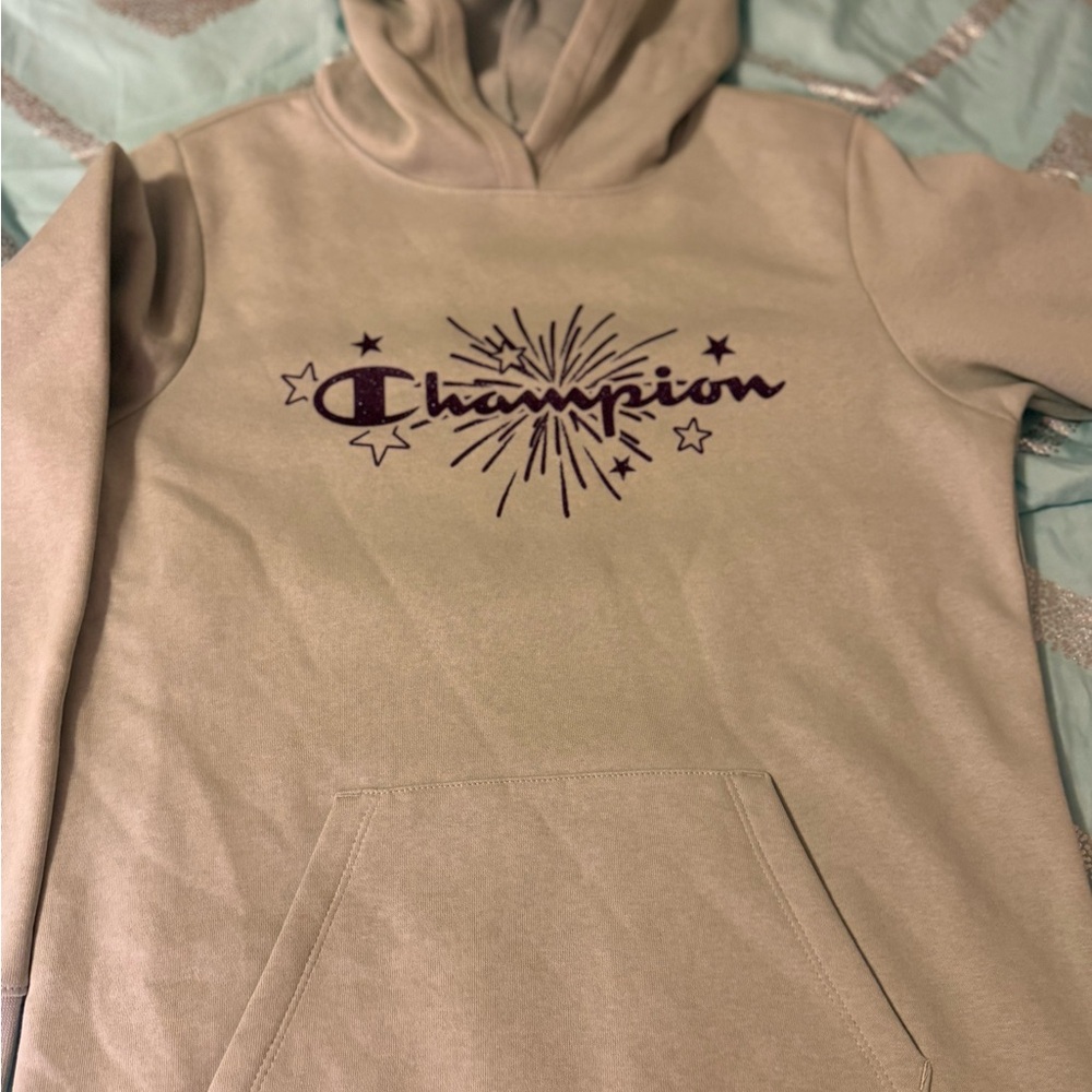 Girls Champion Light Olive Green Hoodie with Purple Logo- Size XL (16)